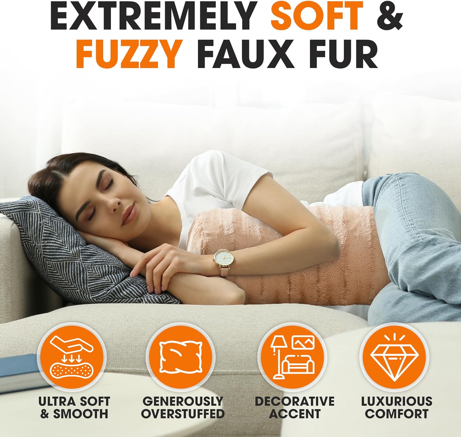 Cheer Collection Faux Fur Bolster Pillows – Soft Decorative Cylinder Pillows for Bed or Couch, Machine Washable – 8” x 24”, Set of 2, Sand