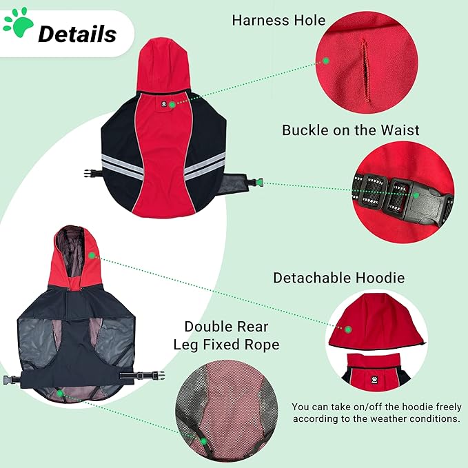 Dog Raincoat for Medium Large Extra Large Dogs, Waterproof Rain Jacket with Reflective Strap, Lightweight Hoodies Full-Body Coverage Dry Clothes (M, Red)