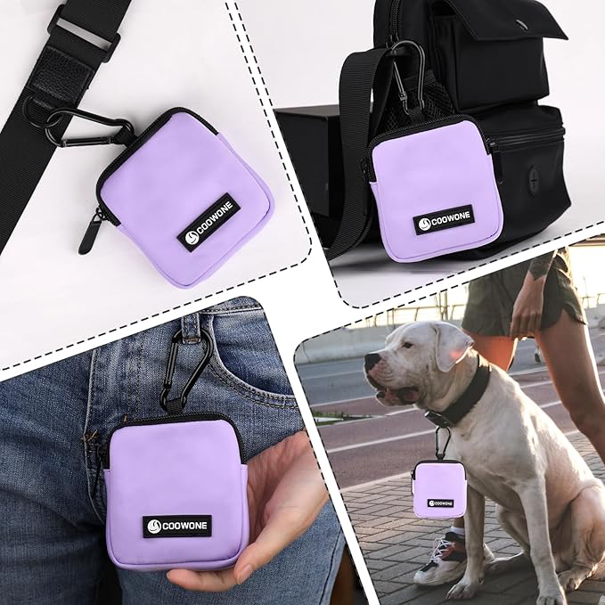 COOWONE Dog Treat Pouch Pocket Sized Pet Puppy Training Pouch for Dog Training Behavior Aids, Waterproof Nylon Fabric Dog Poop Bag Holder, Hands Free Dog Walking Bag with Metal Carabiner (Violet)