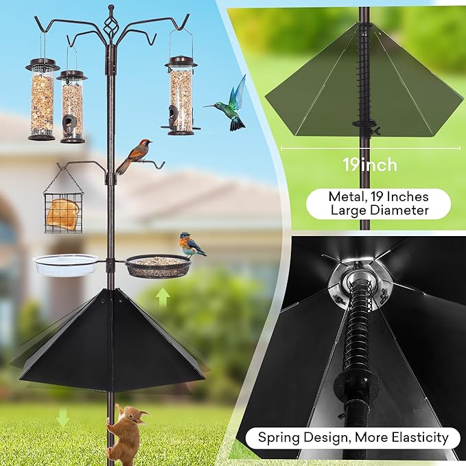 6-Hook Bird Feeding Station Kit, 94 Inch Heavy Duty Bird Feeder Stand Pole for Outdoors Hanging with 4 Feeders, Wide Metal Squirrel Baffle, Attracting Wild Birds