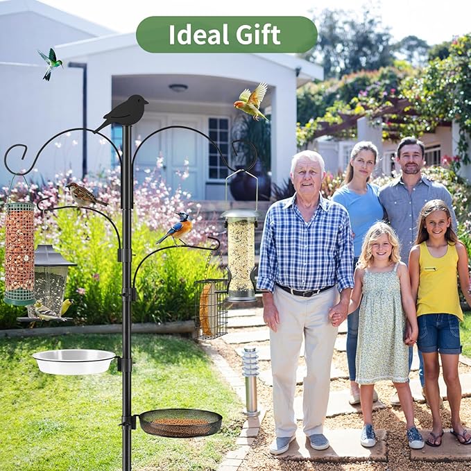 Bird Feeder Pole, 91in 4 Hook Bird Feeding Station with Adjustable Shepherds Hooks, Birds Feeder for Outdoors with Pole 5 Prongs Base Attracting Wild Birds (ATR Deco, Black 91in)