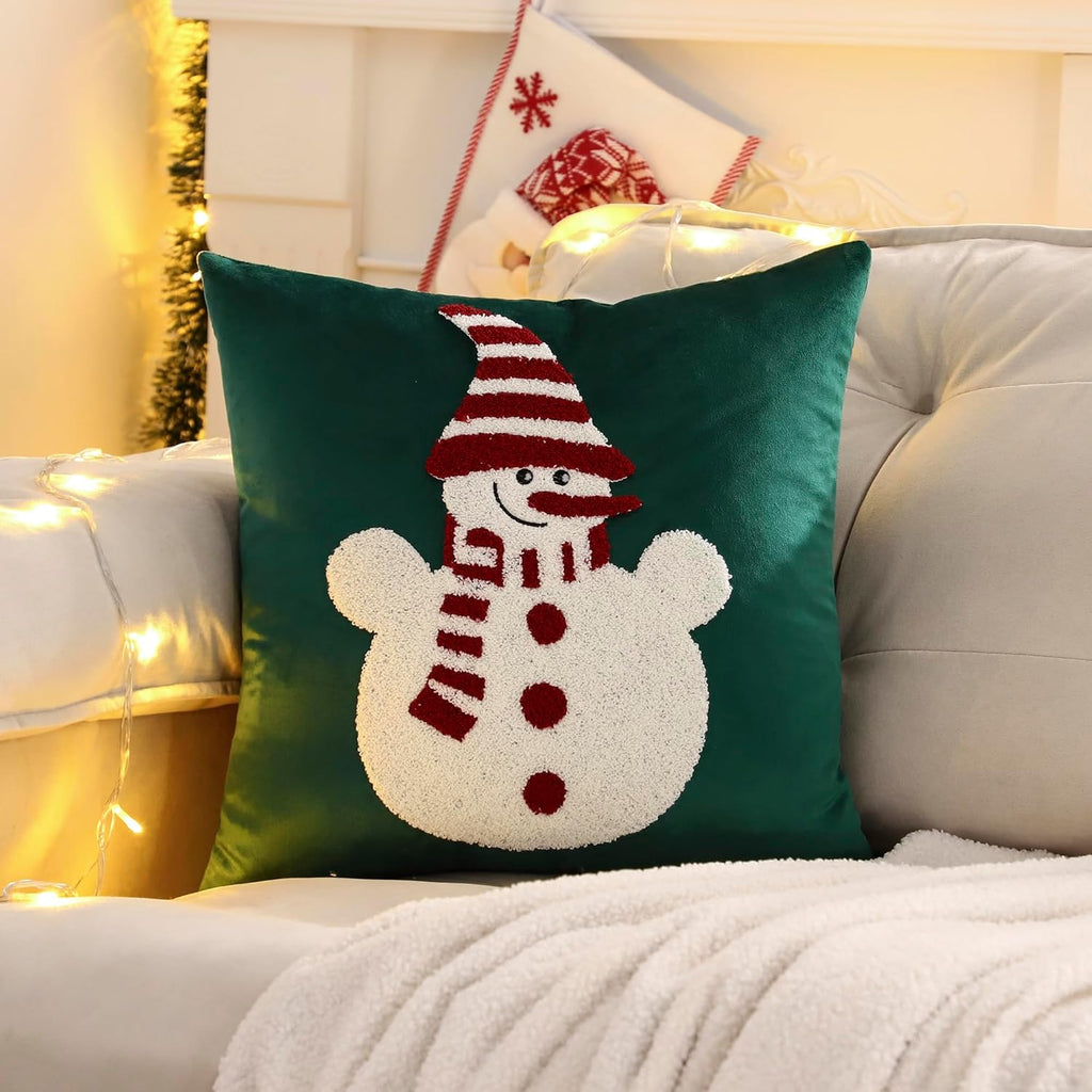 LUOYEHK Christmas Snowman Pillow Covers 18x18 Set of 2 Velvet Green Pillow Cases Winter Holiday Embroidered Cushion Covers for Couch Sofa Bed