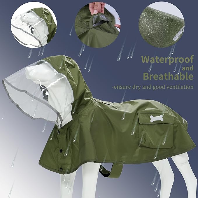 Waterproof Dog Raincoat, Adjustable Reflective Lightweight Pet Rain Clothes with Poncho Hood (Army Green, Large)
