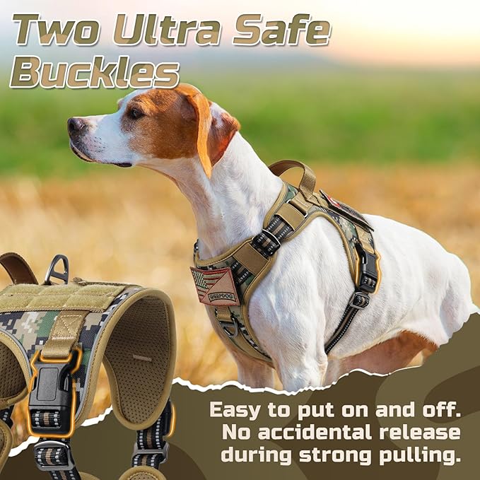 rabbitgoo Tactical Dog Harness for Large Dogs, No Pull Military Service Vest with Handle & Molle, Easy Control for Training Walking, Adjustable Reflective Straps, Brown camo, XL