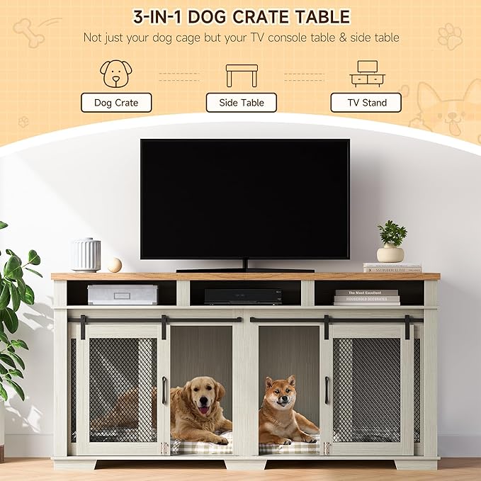 71" Dog Crate Furniture for 2 Dogs, Dog Kennel with 3 Storage Drawers & Removable Divider, Extra Large Double Dog Cage As TV Stand, Furniture Style Dog Crates with Sliding Barn Door, Light Oak/White