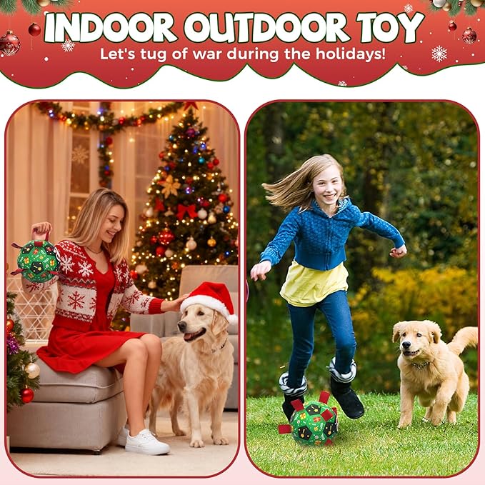 QDAN Christmas Dog Toys: Soccer Ball with Straps for Outdoor Play, Tug of War- Dog Birthday Gift, 8 Inch Balls for Medium & Large Dogs