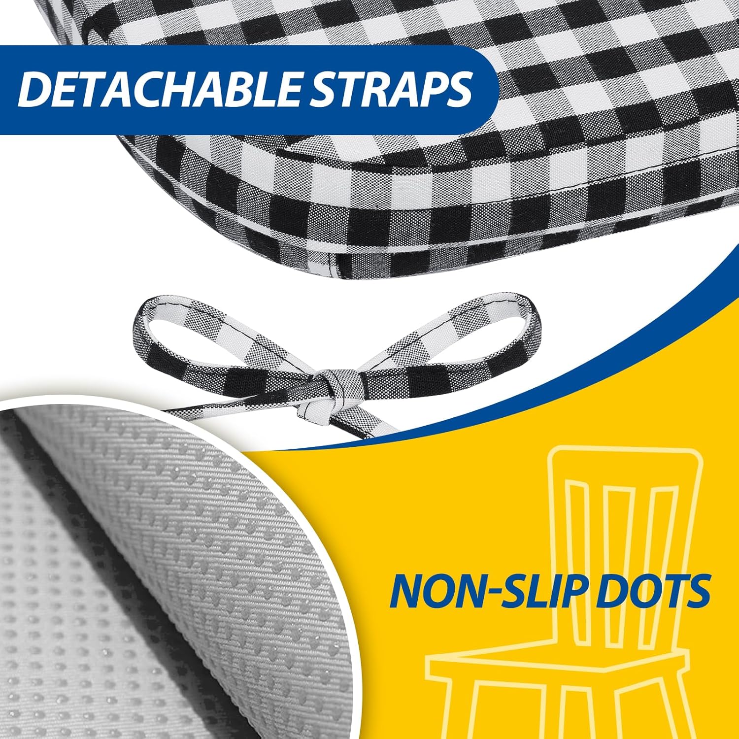 AAAAAcessories D-Shaped Chair Cushions, 2" Thick Dining Chair Pads with Ties and Removable, Machine-Washable Cover, 17" x 16", Checkered Black/White