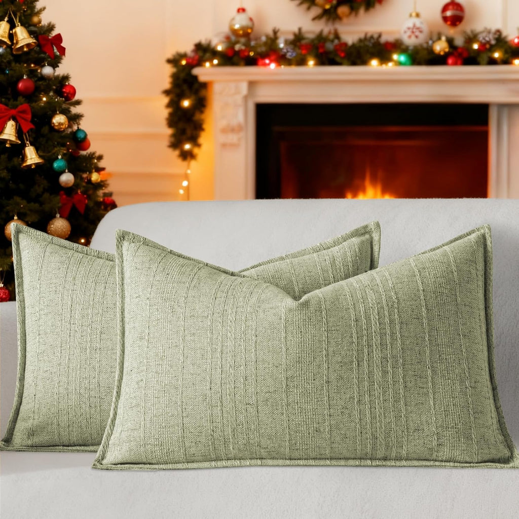 a moment Linen Pillow Covers Set of 2,Boho Farmhouse Throw Pillowcases Neutral Textured Decorative Covers for Couch Sofa,Soft Linen Blend Accent Case Cushion Home Decor 20"x12"Seeding Green