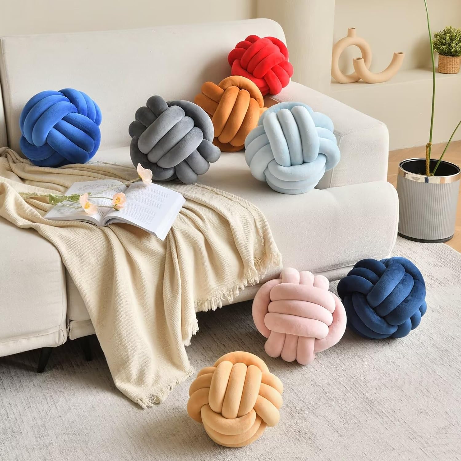 Decorative Throw Knot Pillow Ball for Home Chair Sofa Couch Bed Aesthetic Round Velvet Knotted Pillow Cushion (Ice Blue, 8inches)