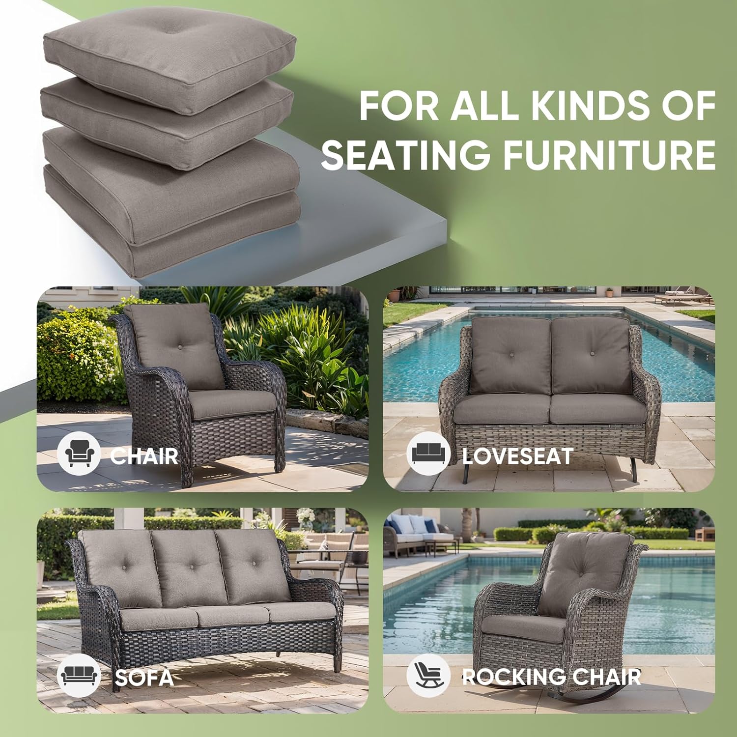 Outdoor Chair Cushions Set of 2, Waterproof Outdoor Seat Cushion 25x22, Patio Cushions for Outdoor Furniture, Replacement Couch Cushion, Include 2 Back & 2 Seat Cushions, Button/Grey