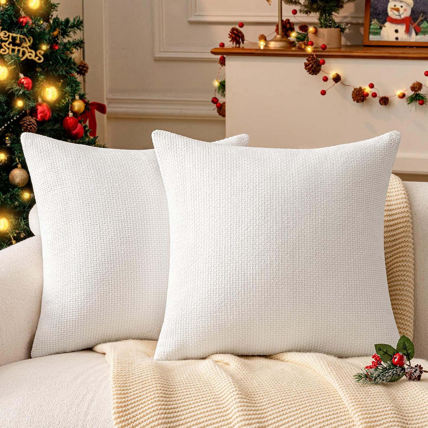a moment Christmas White Chenille Throw Pillow Covers 22x22 Inch Pack of 2 Modern Decorative Throw Pillow Covers Farmhouse Cross Covers Home Decor for Sofa Bedroom Living Room