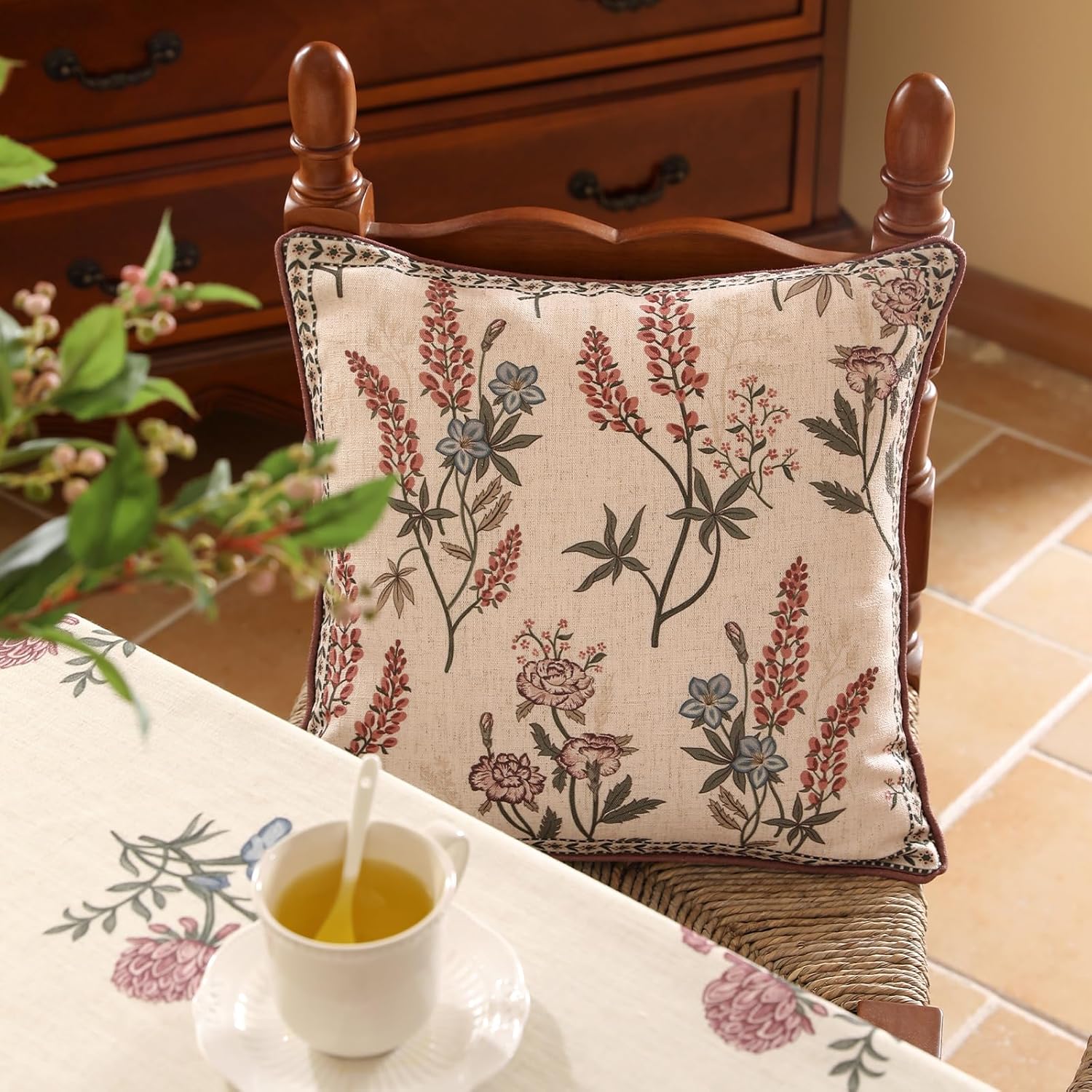 ISAENNE Design Linen Vintage Throw Pillow Covers 18"x18", Square Cushion Covers with Blue Pink Flowers Green Leaves Pattern Decoration Pillowcases for Bed,Living Room,Outdoor,Car