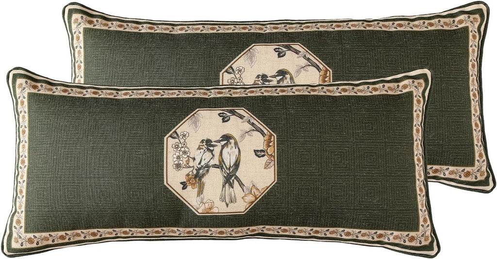 ISAENNE Design Linen Chinoiserie Lumbar Throw Pillow Covers 12"x28" Pack of 2, Farmhouse Cushion Covers with Yellow Floral Birds Pattern Decoration Pillowcases for Bed,Living Room,Outdoor,Car