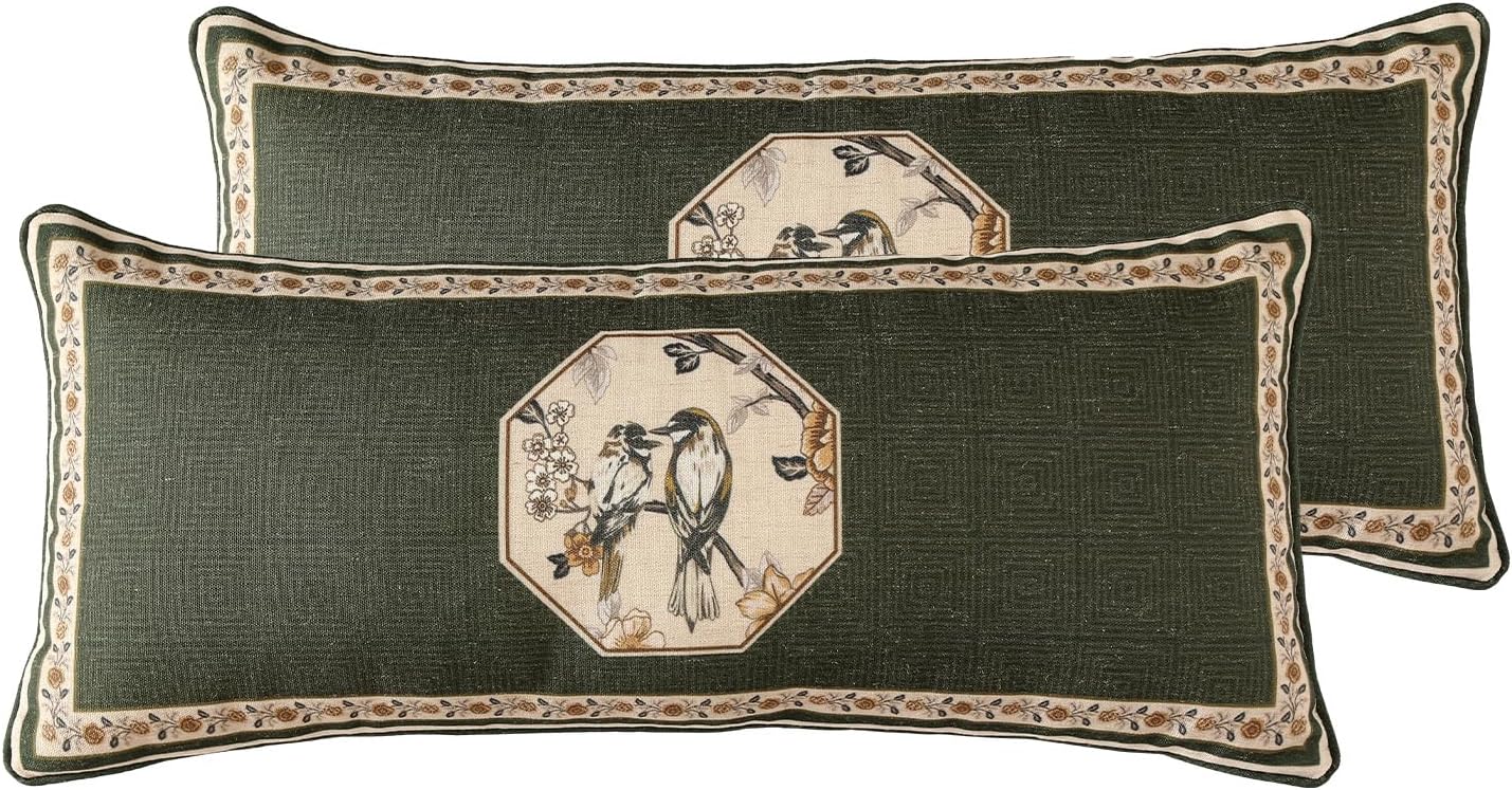 ISAENNE Design Linen Chinoiserie Lumbar Throw Pillow Covers 12"x28" Pack of 2, Farmhouse Cushion Covers with Yellow Floral Birds Pattern Decoration Pillowcases for Bed,Living Room,Outdoor,Car