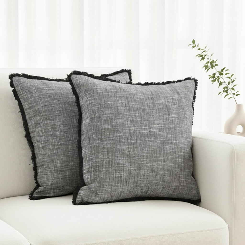Textured Cotton Pillow Covers with Fringe Boho Farmhouse Cushion Cover with Decorative Tassels Linen Like Accent Pillowcases for Bed Couch Chair Sofa Living Room 20×20 Inch Gray Pack of 2