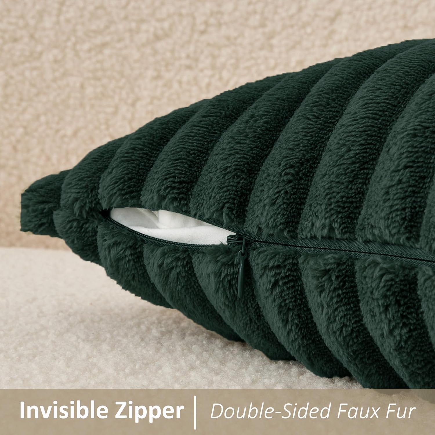 Kevin Textile Christmas Soft Plush 12x20 Inch Lumbar Pillow Cover 1 Pack, Luxury Fluffy Faux Fur Striped Flannel Rectangle Cushion Case for Couch Sofa Chair Bed Home Decor, Dark Green