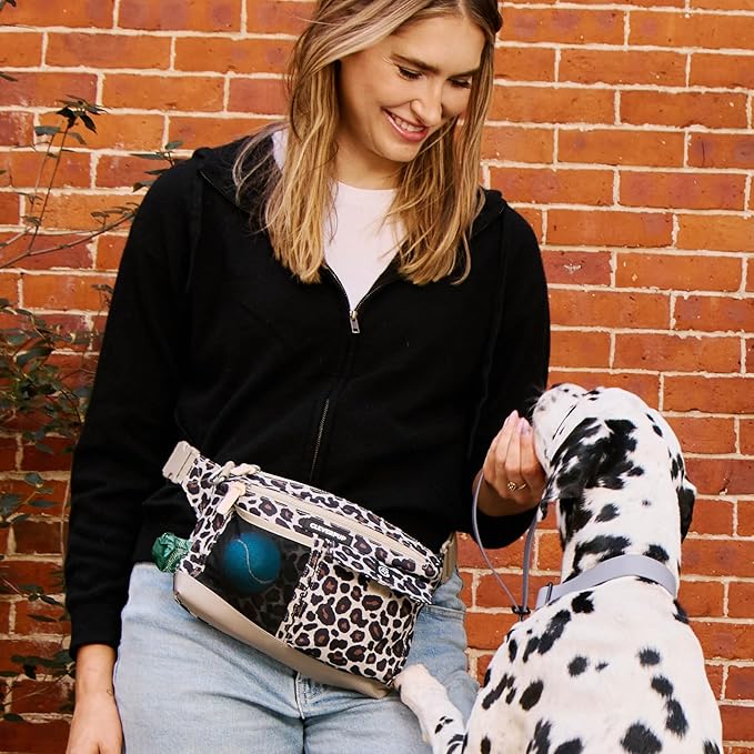 Dog Walk & Train Sling Bag - Hands-Free 2-In-1 Treat Pouch, Poop Bag Holder, Clicker, Phone Pocket - Crossbody/Fanny Pack, Adjustable Strap - Leopard
