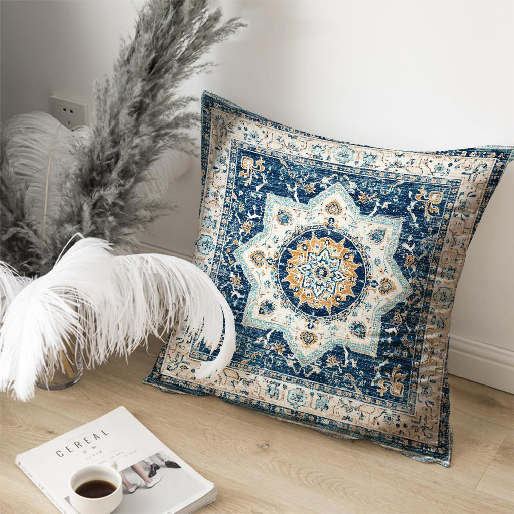 Bohemian Pillow Covers | Vintage Floral & Carpet Design | Double Sided Blue White Decorative Pillowcases for Couch, Bed | Indoor Outdoor Boho Home Decor (White&Blue, 18x18inches)