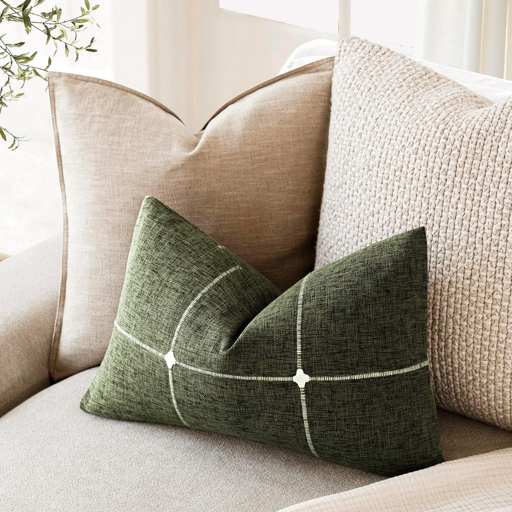 Foindtower Pack of 2 Decorative Faux Linen Jacquard Check Throw Pillow Covers Farmhouse Lumbar Cushion Cover with Grid Textured Pillowcase for Couch Sofa Living Room Home Decor,12×20 Inch,Olive Green