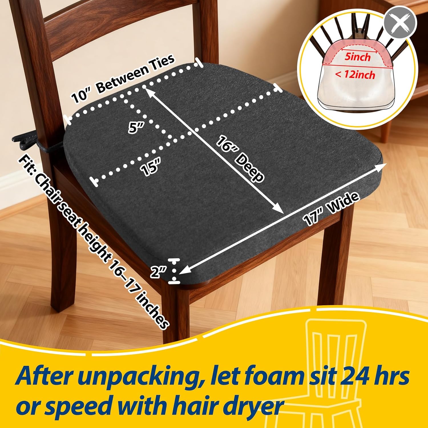 AAAAAcessories D-Shaped Chair Cushions, 2" Thick Dining Chair Pads with Ties and Removable, Machine-Washable Cover, 17" x 16", Dark Grey