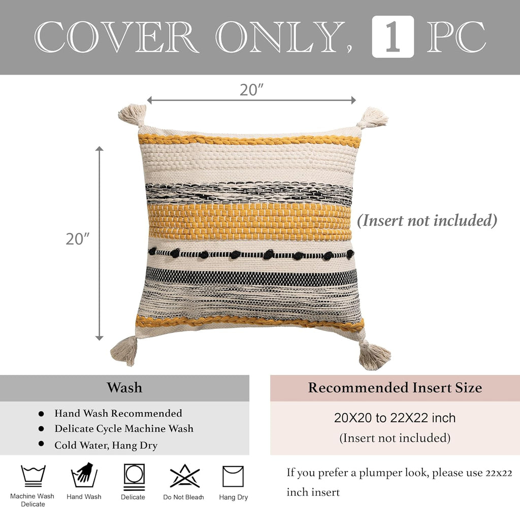 BlissBlush Fall Yellow Mustard Decorative Throw Pillow Cover 20x20 Square Boho Accent Pillowcase Tassels Farmhouse Cushion for Couch Sofa Bedroom Living Room Home Décor Cover ONLY
