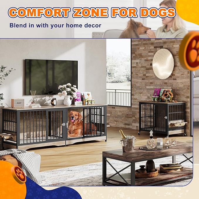 75'' Dog Crate Furniture Large Storage TV Stand with Dual Cushion / 4 Bowls/Double Rooms, Wooden Dog Kennel Dog Crate End Table with Removable Divider for Large Medium Dogs, Greige