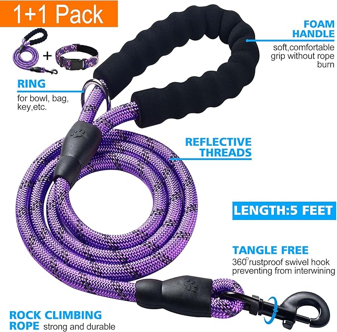 Reflective Dog Collar Padded with Soft Neoprene Breathable Adjustable Nylon Dog Collars for Small Medium Large Dogs (X-Small (Pack of 1), Purple/Pink Floral Collar+Leash)