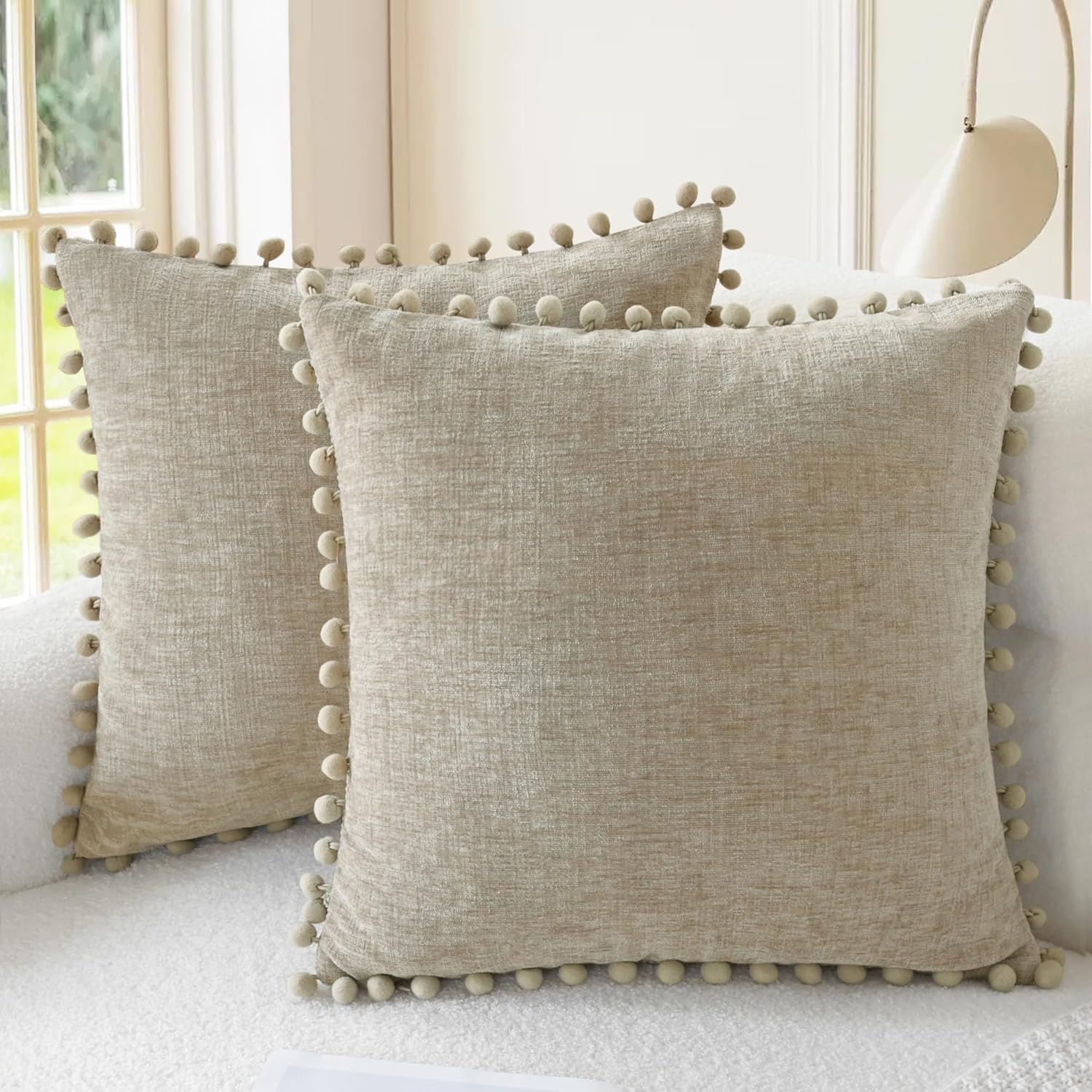 CaliTime Throw Pillow Covers Decorative 18 X 18 Inches Pack of 2 Cozy Solid Dyed Soft Chenille Cushion Cases with Pom Poms for Couch Sofa Bed Living Room Home Taupe