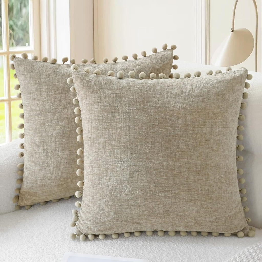 CaliTime Throw Pillow Covers Decorative 20 X 20 Inches Pack of 2 Cozy Solid Dyed Soft Chenille Cushion Cases with Pom Poms for Couch Sofa Bed Living Room Home Taupe