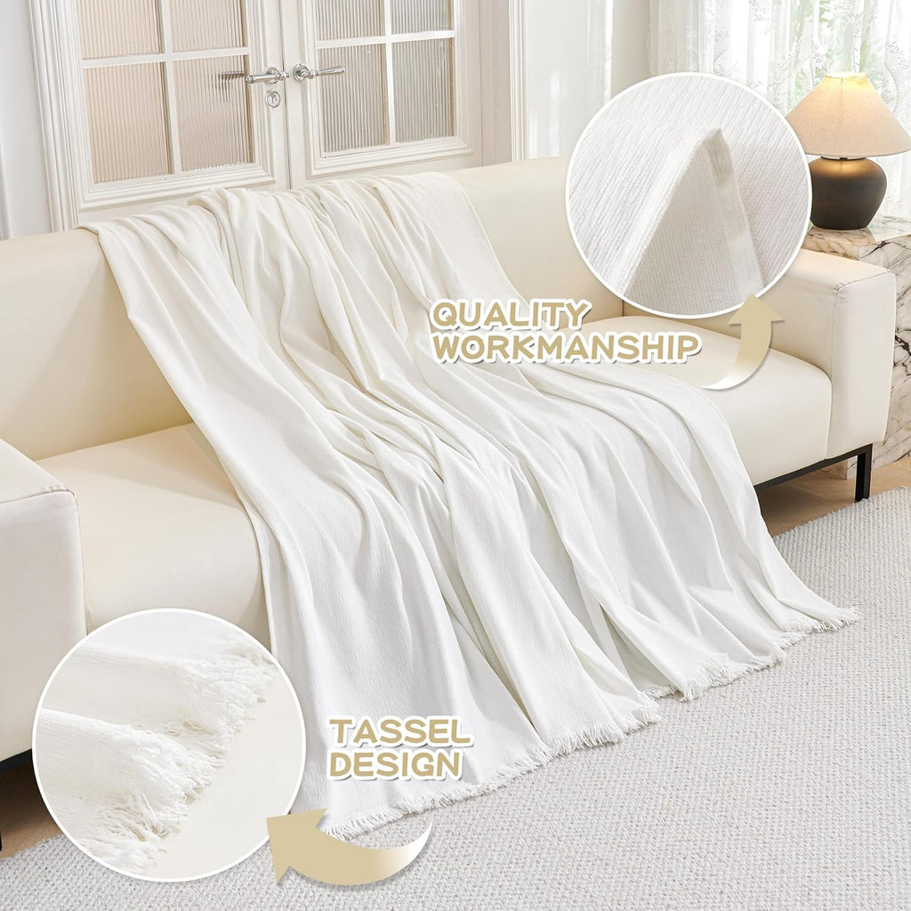 MYSKY HOME Sofa Covers for 2 Cushion Couch L Shaped Couch Cover Washable Couch Cover with Tassels Boho Couch Cover Non Slip Super Universal Soft Sofa Slipcover for Kids, Dogs, Pets, 71"x118", White