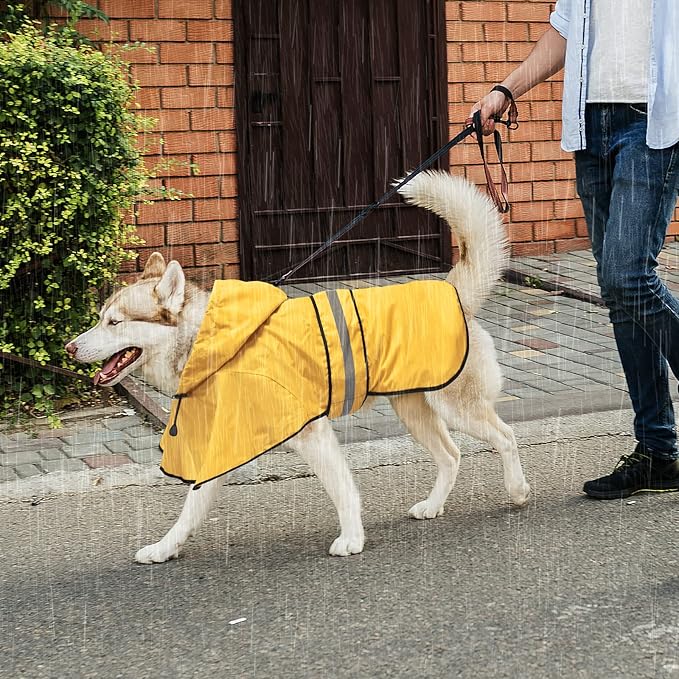 Dog Rain Coats with Hood - Waterproof Lightweight Pet Slicker Raincoat Poncho, Safety Dog Raincoats Jacket with Reflective Strip and Leash Hole for Small, Medium, Large Dogs (Medium, Yellow)
