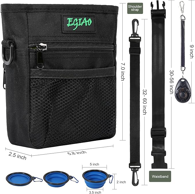 Dog Treat Pouch with Collapsible Dog Bowl, Training Clicker and Poop Bags, Treat Pouches for Pet Training, Built-in Poop Bag Dispenser, Waist Belt Clip, Puppy Treat Pouch Magnetic Closure - Black