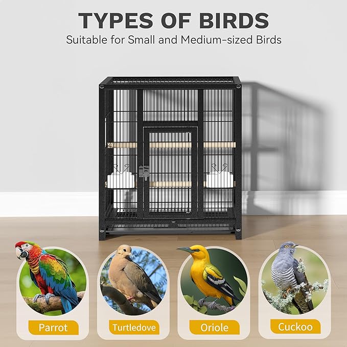 DWVO 41-inch Metal Bird Cage: Large Parrot Cages with Rolling Stand - Features Tray, Food Boxes & Wooden Perches for Parakeets, Lovebirds, Cockatiels, Finches and Pigeons, Black