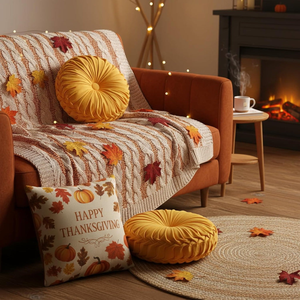 2 Pcs Round Throw Pillows 15 Inch Decorative Velvet Pleated Pumpkin Floor Boho Pillows for Living Room Couch Chair Bed Sofa (Yellow)