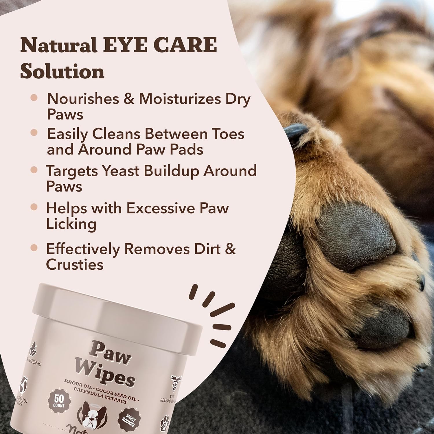 Natural Dog Paw Wipes -50 Ct- Organic, Vegan Pet Paw Wipes for Dogs, Eco-Friendly Dog Paw Wipes for Dogs, Ideal for Removing Dirt, Allergens & Moisturizes Dry Cracked Paws, Coconut Oil & Cocoa Butter