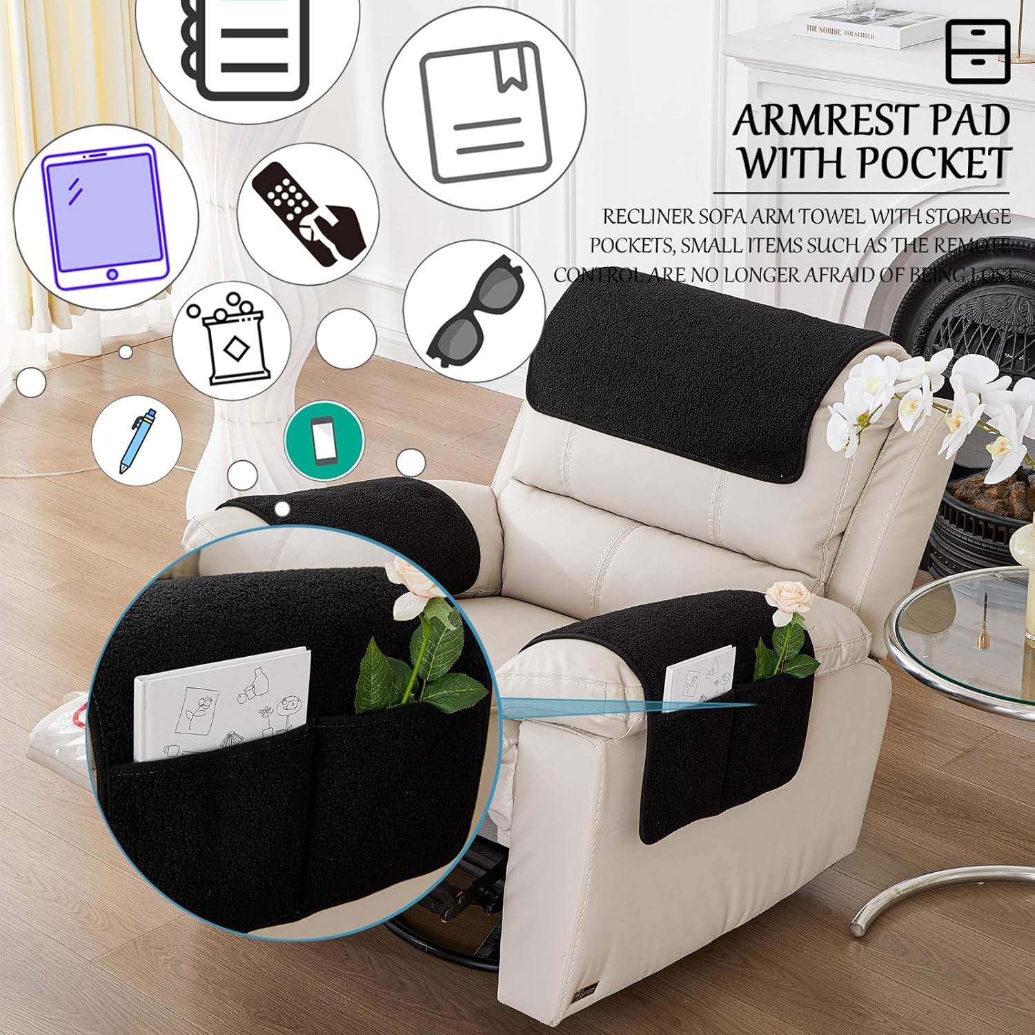 Armrest Cover, Recliner Chair Protector, Furniture Protector Slip, Side Storage Pocket, Stretch Armchair Couch Arm Rest Cover for Recliner, Chair, Sofa (Black,1 Seater(3pcs))