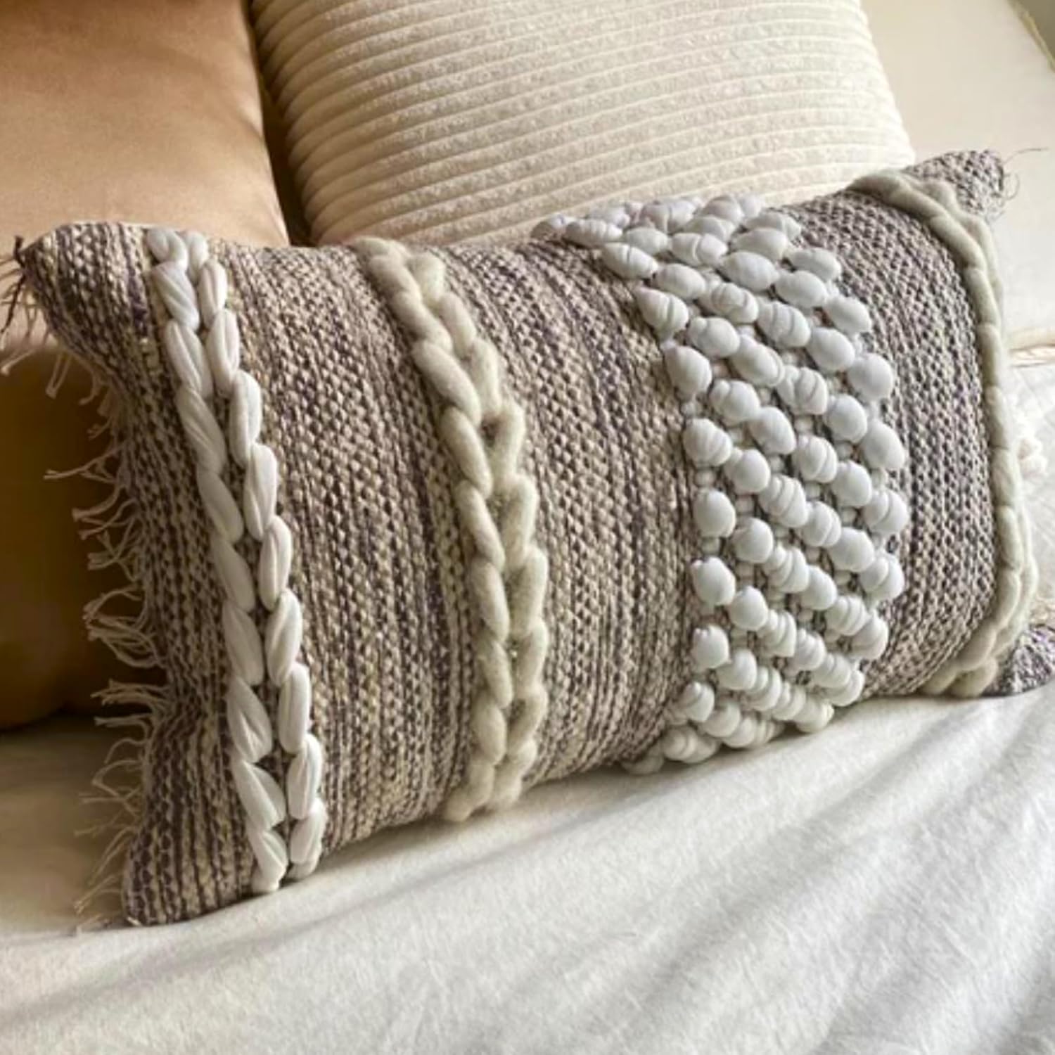 Decorative Boho-Chic Lumbar Pillow Cover 12x20 Premium Handwoven Tufted Cotton &Wool Accent Pillows, Earthy Color Throw Cushion, Farmhouse & Bohemian Home Decor (Limited Edition Cover Only)