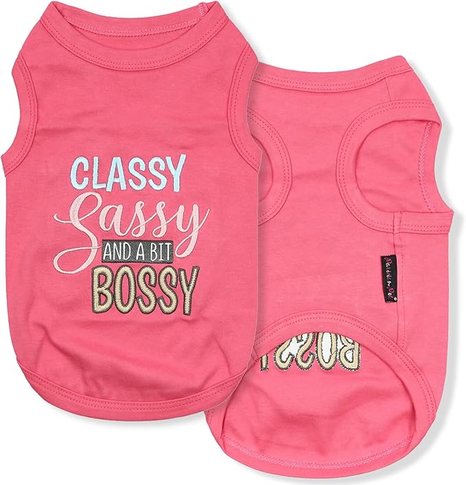 Parisian Pet 'Classy, Sassy and Bit Bossy' Dog T-Shirt - 100% Cotton, Pink Dog Shirt - Cute Pet Vest - Machine Washable for Medium-Sized Dogs