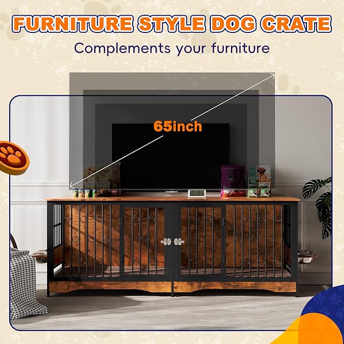 75'' Dog Crate Furniture Large Storage TV Stand with Dual Cushion / 4 Bowls/Double Rooms, Wooden Dog Kennel Dog Crate End Table with Removable Divider for Large Medium Dogs, Rustic Brown