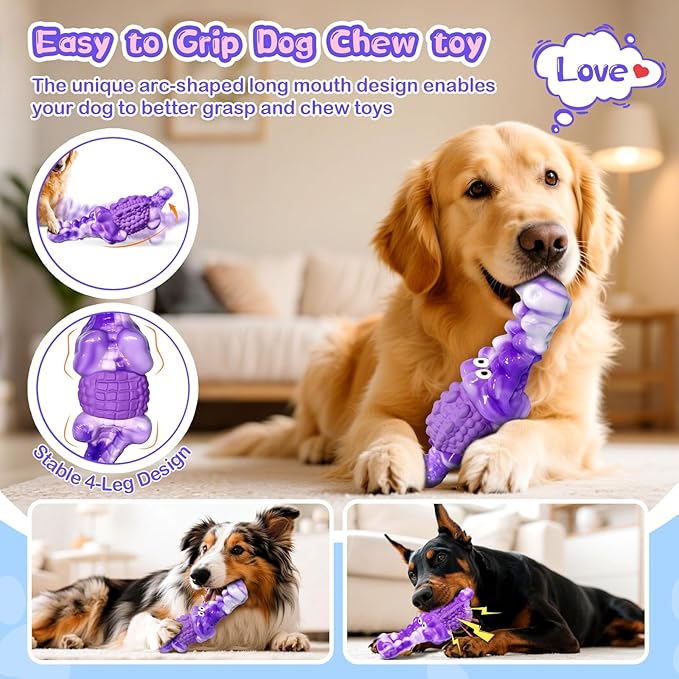 Squeaky Dog Chew Toys for Aggressive Chewers - Tough Crocodile Chew Toy for Small Medium Large Dogs, Dental Cleaning & Anxiety Relief, Boredom Buster (Purple)