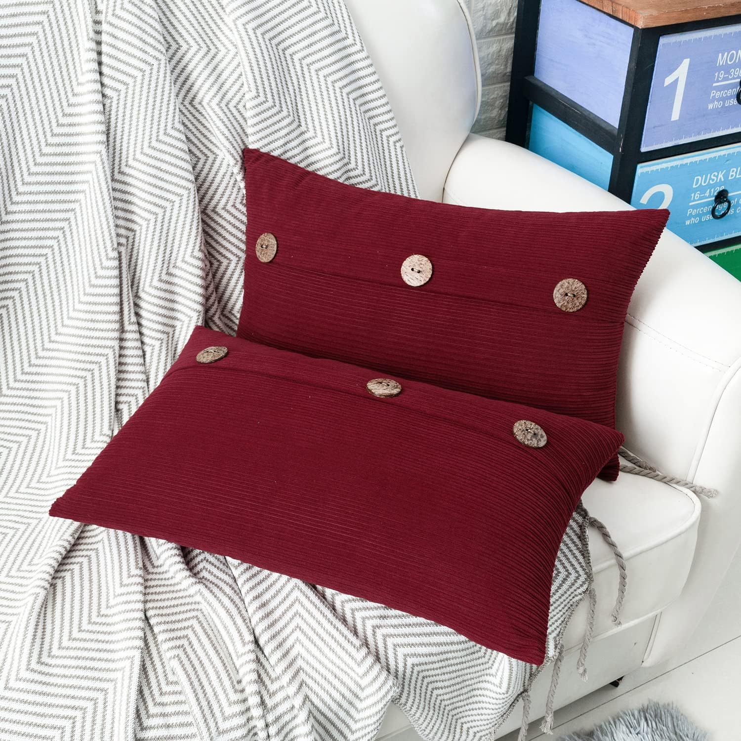 HWY 50 Burgundy Red Chenille Throw Pillow Covers 12x20 Inch with Triple Buttons, Soft Farmhouse Accent Decorative Cushion Cases for Couch Sofa Living Room Pack of 2 Rectangle