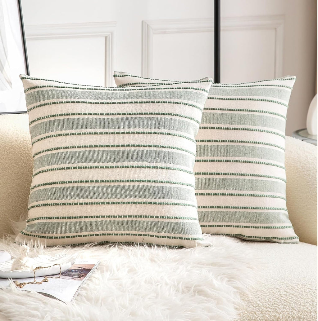 Decorative Boho Throw Pillow Covers, Farmhouse Textured Pillow Case, 18 x 18 Inch Set of 2, Chair Sofa Bedroom Living Room Home Decor Couch Cushion Case, Green and Beige Striped