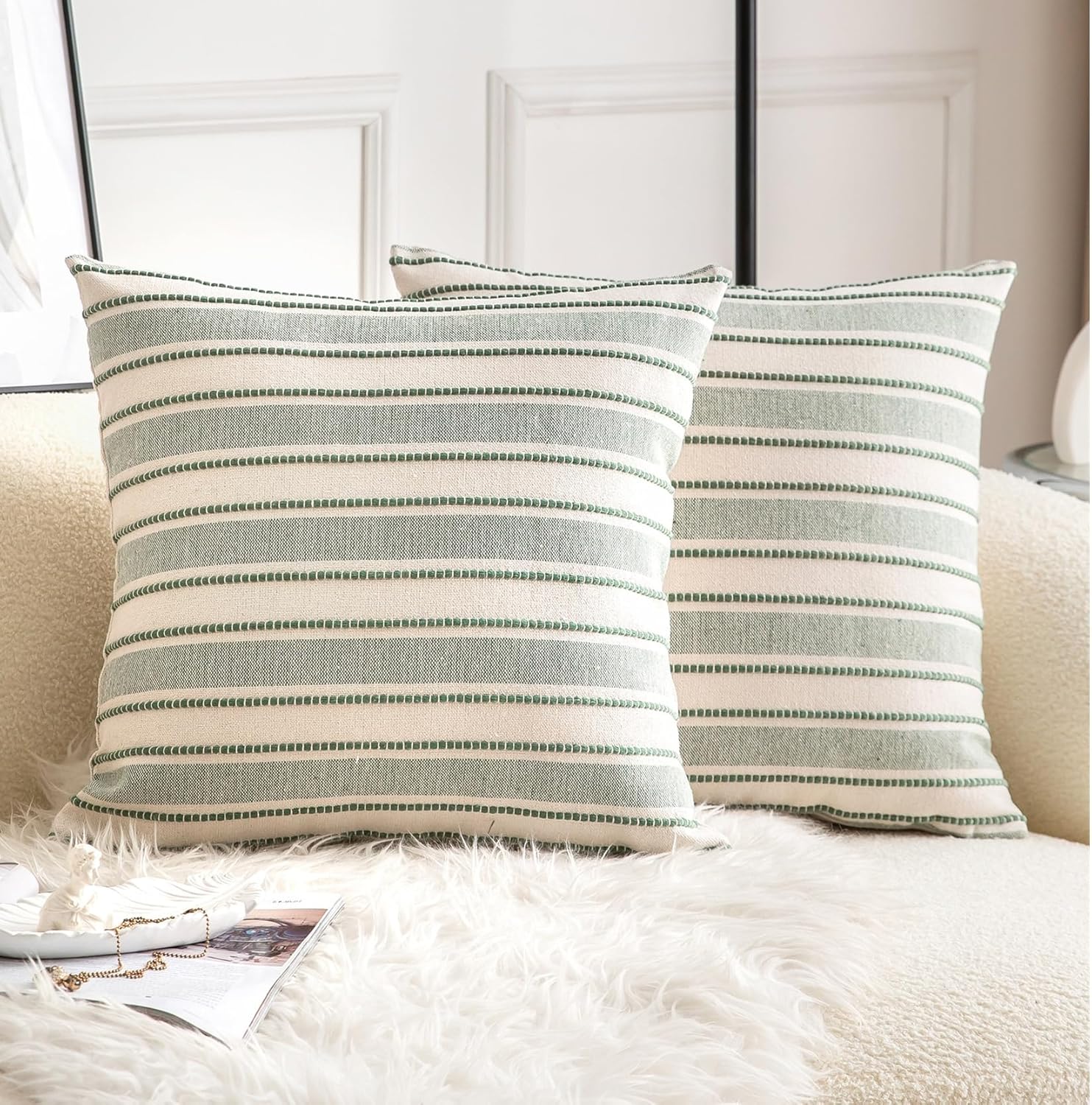 Decorative Boho Throw Pillow Covers, Farmhouse Textured Pillow Case, 18 x 18 Inch Set of 2, Chair Sofa Bedroom Living Room Home Decor Couch Cushion Case, Green and Beige Striped