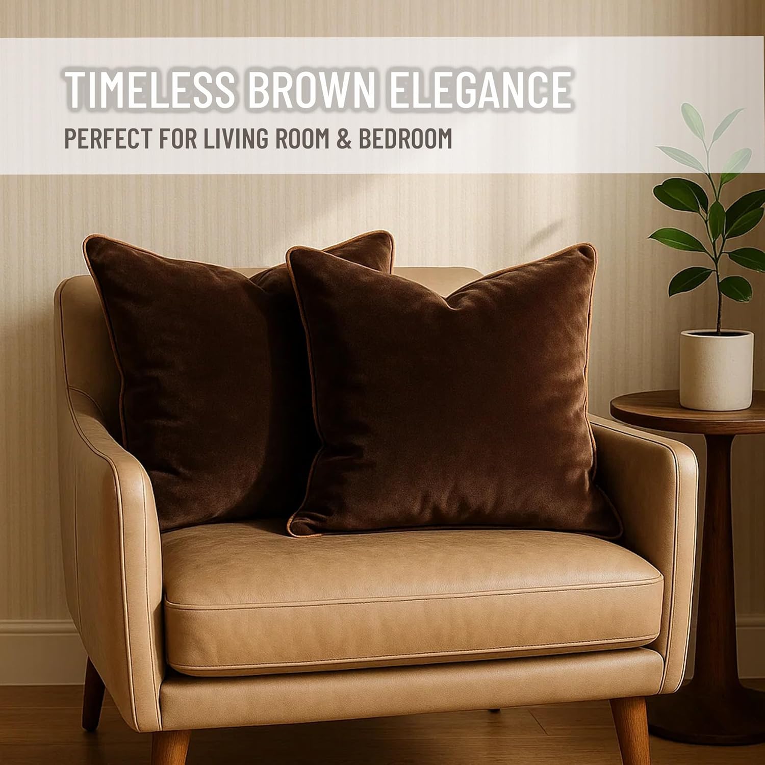 2 Pack Velvet Decorative Throw Pillow Covers, 20"x20", Brown and Camel, Solid, Modern, Contrast Piping, Indoor Use, Bedroom & Living Room