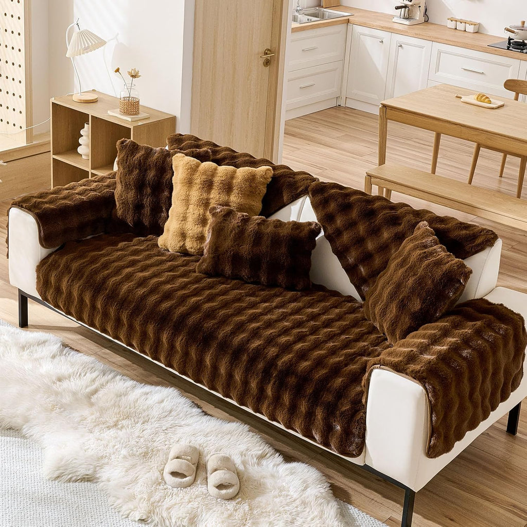 Faux Fur Armrest Cover Backrest Cover Fuzzy Plush Thick Bubble Sofa Cover Luxury Soft Cozy Couch Cover Anti-Slip Sofa Slipcover Washable Furniture Protector (Coffee,28"x28")