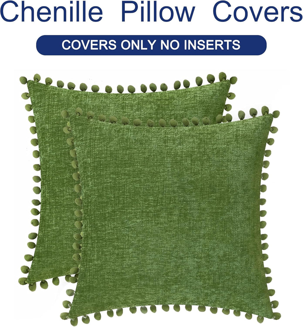 CaliTime Throw Pillow Covers Decorative 18 X 18 Inches Pack of 2 Cozy Solid Dyed Soft Chenille Cushion Cases with Pom Poms for Couch Sofa Bed Living Room Home Forest Green