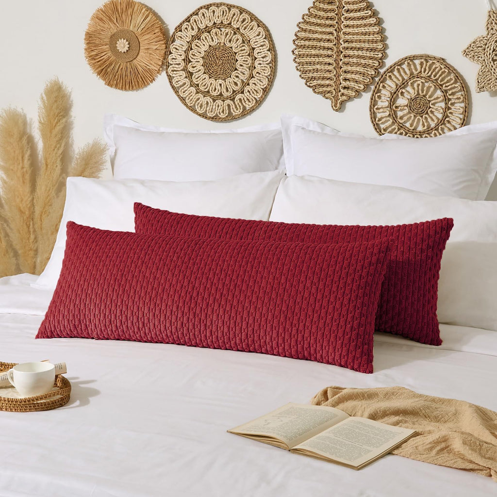 Kevin Textile 20x54 Inch Long Body Lumbar 1 Pack Boho Decorative Throw Pillow Cover Soft Striped Corduroy Rectangle Cushion Case Farmhouse Accent for Living Room Couch Sofa Bed, Burgundy