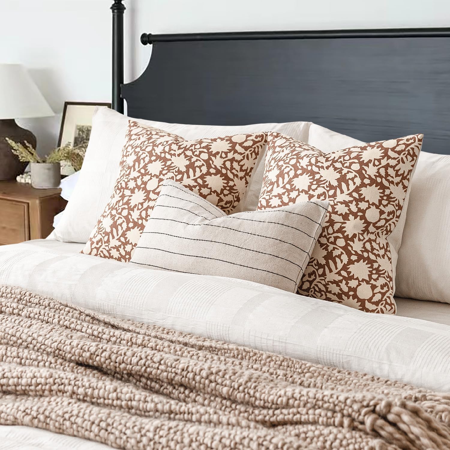 Foindtower Set of 2 Decorative Neutral Floral Throw Pillow Covers Accent Farmhouse Cushion Covers Boho Pillowcase for Couch Sofa Bedroom Living Room Home Decor,18×18 Inch,Light Orange Brown