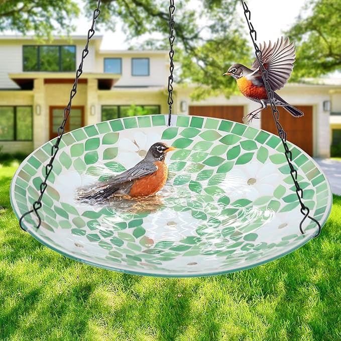 VCUTEKA Hanging Bird Bath, Glass Mosaic Bird Baths for Outdoors Birdfeeder with 21 inch Rust-Proof Chain for Garden Yard Decor