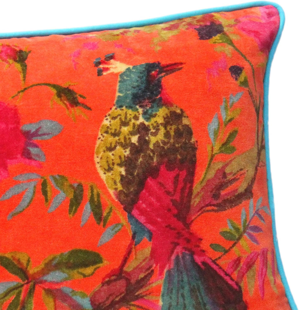 Eyes of India Velvet Floral Flower Bird Throw Pillow Sofa Cushion Cover Case Couch Colorful Boho Chic Bohemian Accent Indian Handmade (Orange, 20" x 12")